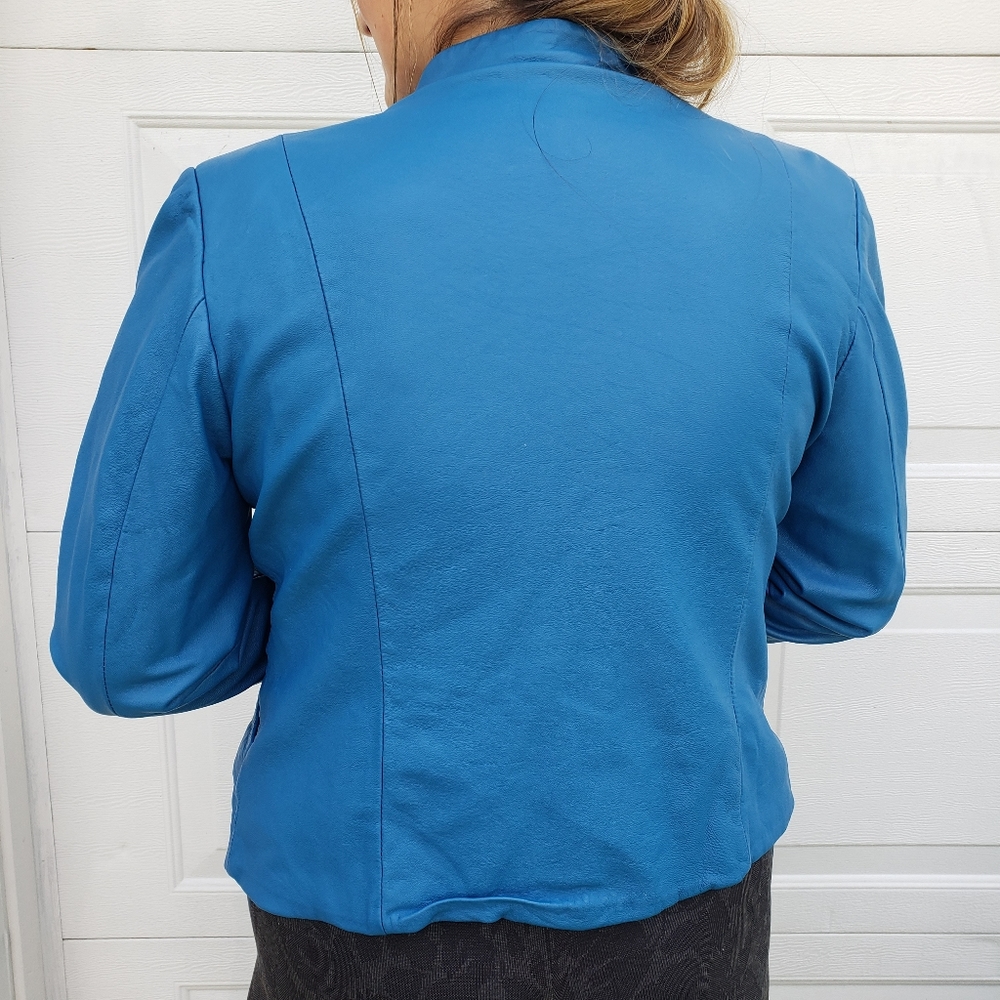 Pendleton Blue Leather Zip Front Blazer Jacket Pm - image 3